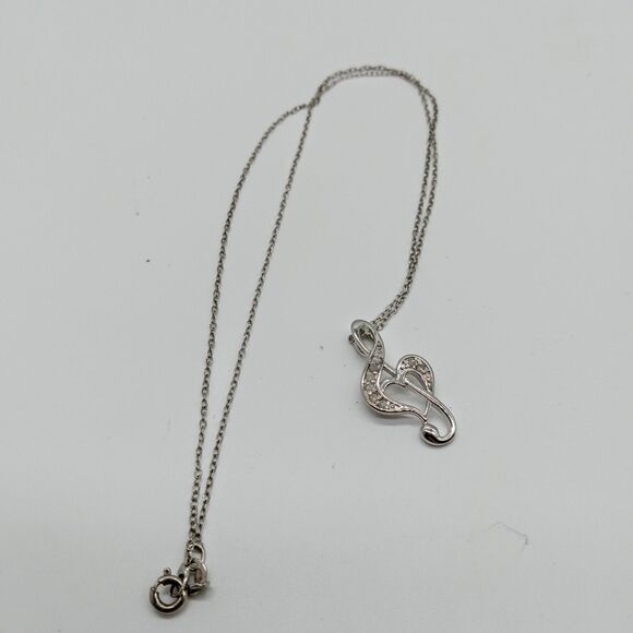 Treble Clef Heart Sterling Silver Diamond Chip Necklace music note - Picture 4 of 5